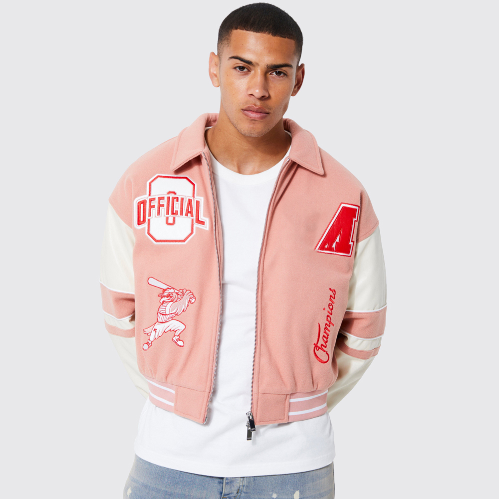 Nylon Embroidered Varsity Jacket in Black
